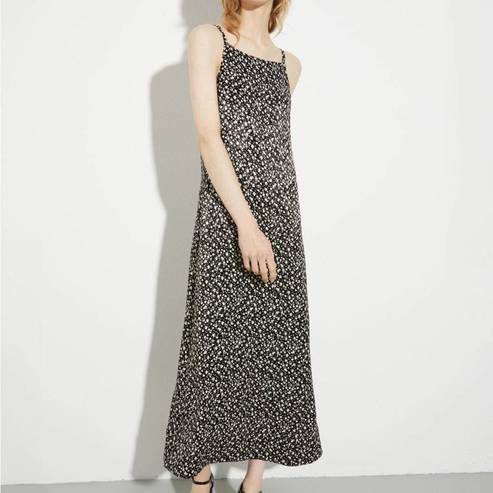 90s Vintage Black Floral Slip Midi Dress White Ditzy Floral Print Tie Straps